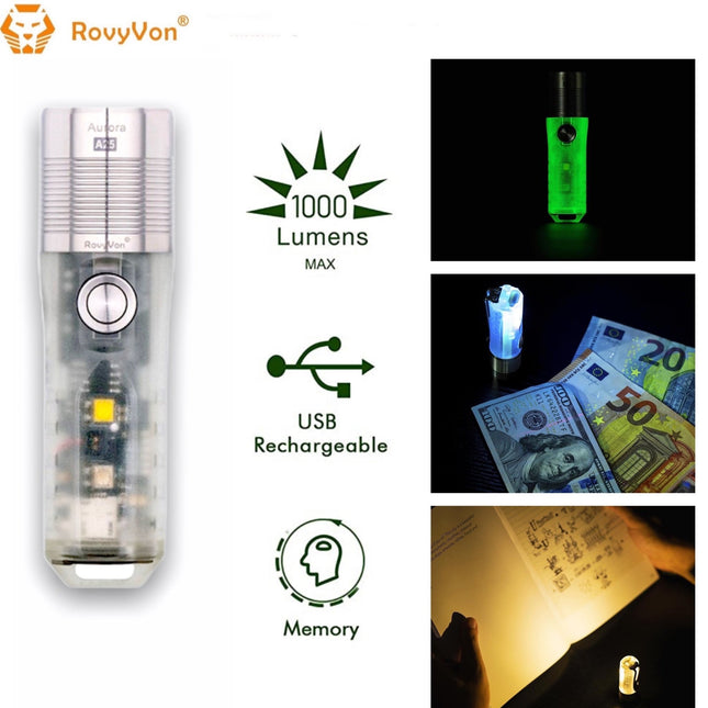 RovyVon Aurora A25 White/UV Green GITD 1000 Lumens EDC Keychain Flashlight - Emergency Gear Backpack