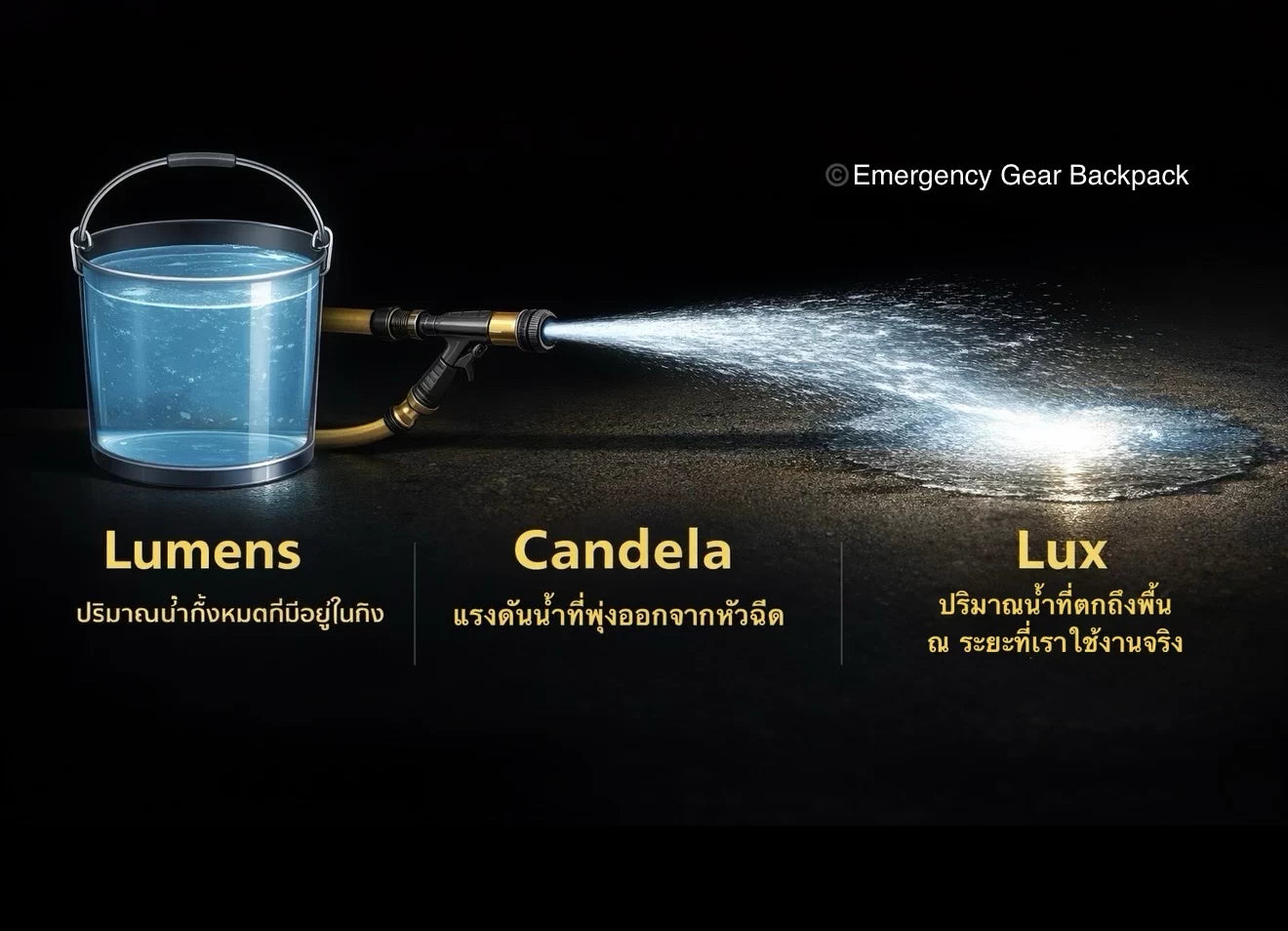 Infographic explaining lumens, candela, and lux with a flashlight beam example, showing total light output, beam intensity, and illuminance on a target.