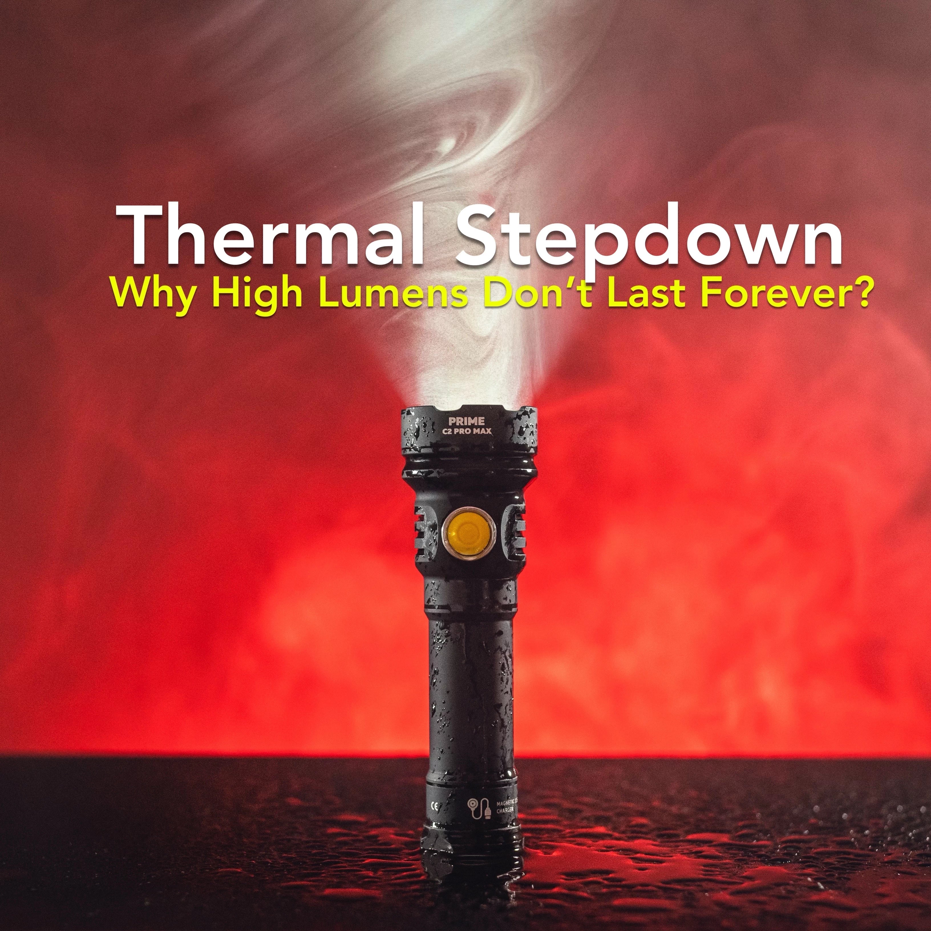 Flashlight emitting strong white light with visible heat effect, illustrating thermal stepdown and why high lumen output cannot be sustained over time.