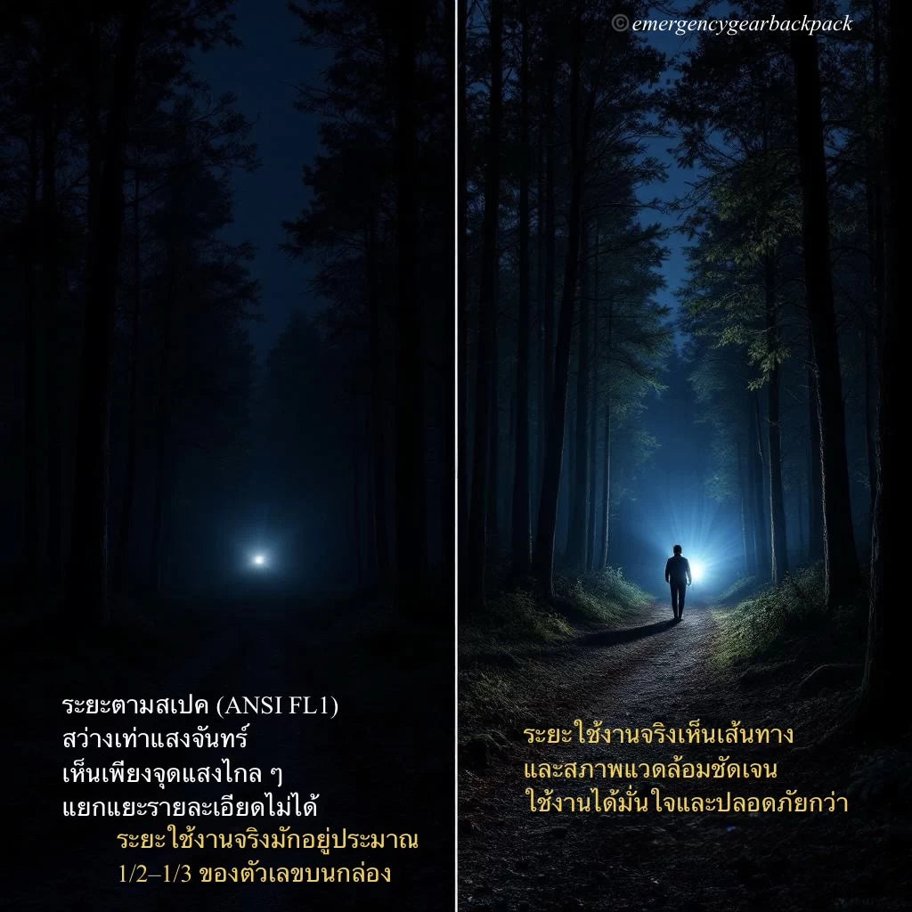 ภาพเปรียบเทียบระยะส่องไฟฉาย ระยะตามสเปค ANSI FL1 เห็นเพียงจุดแสง เทียบกับระยะใช้งานจริงที่มองเห็นเส้นทางและสภาพแวดล้อมชัดเจน
