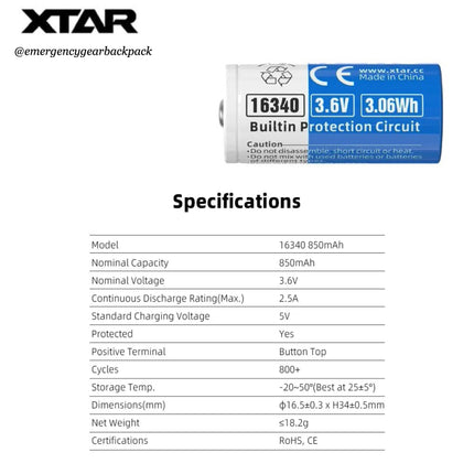 XTAR 16340 850mAh 3.6V 2.5A Li-ion Rechargeable Battery