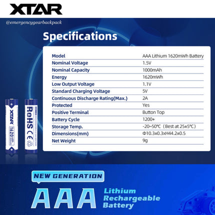 XTAR 1.5V Li-ion Battery AAA 1620mWh/1000mAh (Pack 4)