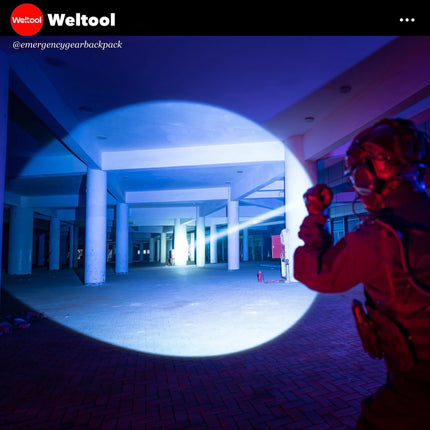 Weltool W7 flashlight in an indoor setting.