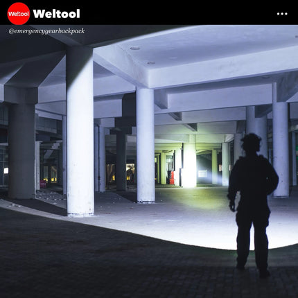 Weltool W7 flashlight in a dark, underground parking garage.