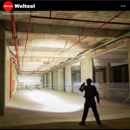 Weltool T19  flashlight exploring an underground parking garage.