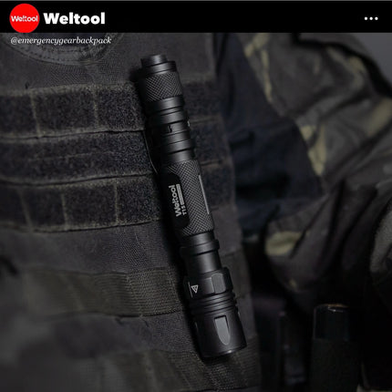 Weltool T15 Tactical Penlight on a tactical vest with Weltool branding.