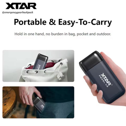 XTAR portable device shown being held in one hand with text highlighting its portability.