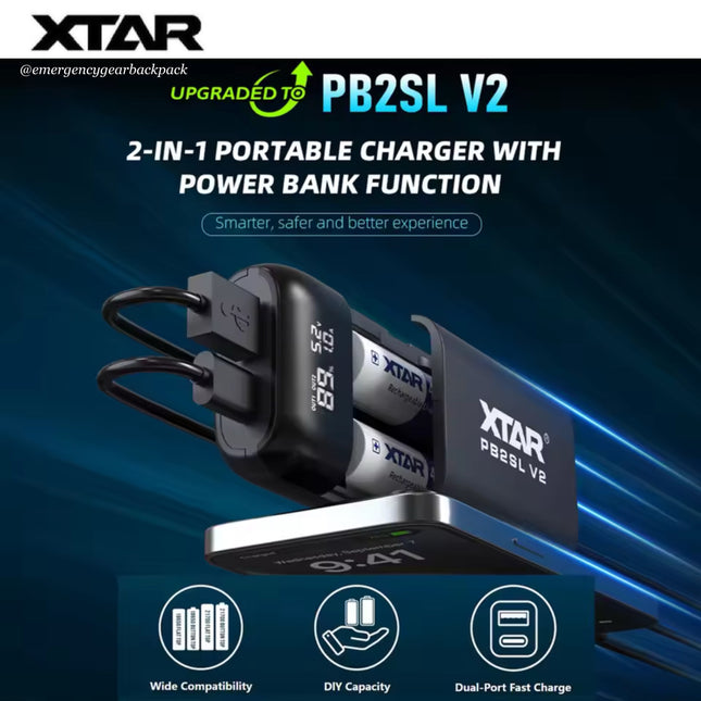 XTAR PB2SL V2 2-in-1 portable charger with power bank function on a dark blue background