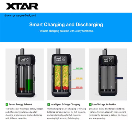 XTAR battery charger with smart charging and discharging features on a blue background