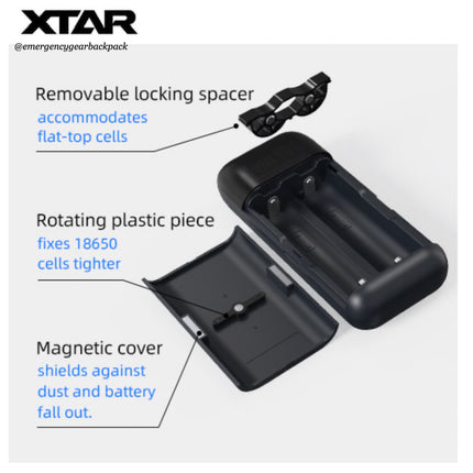 Black battery holder with labeled features on a white background, featuring XTAR branding.