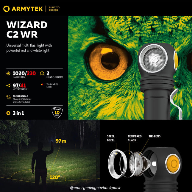 Armytek Wizard C2 WR dual channel LED warm white and red light beam comparison infographic
