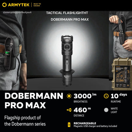 Armytek Dobermann Pro Max tactical flashlight hero image with 3000 lumens and 460 meters throw