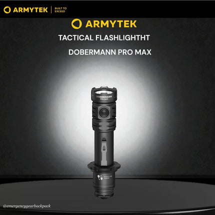 Armytek Dobermann Pro Max front-facing studio shot showing LED and tactical bezel