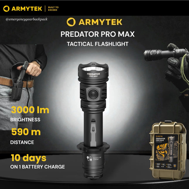 Armytek Predator Pro Max tactical flashlight kit with hard case accessories included
