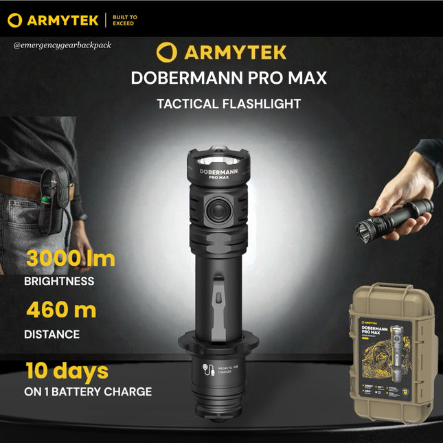 Armytek Dobermann Pro Max tactical flashlight with packaging 