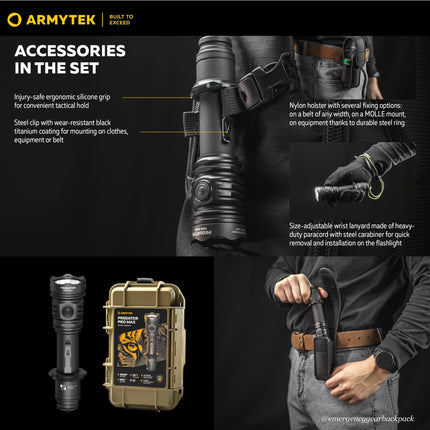 Armytek Predator Pro Max flashlight mounted on gear for professional carry