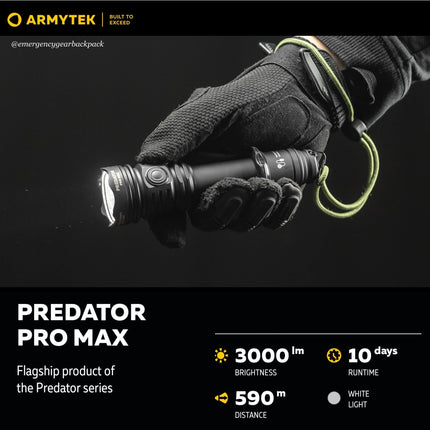 Armytek Predator Pro Max flashlight front view showing precision reflector and dual switch design