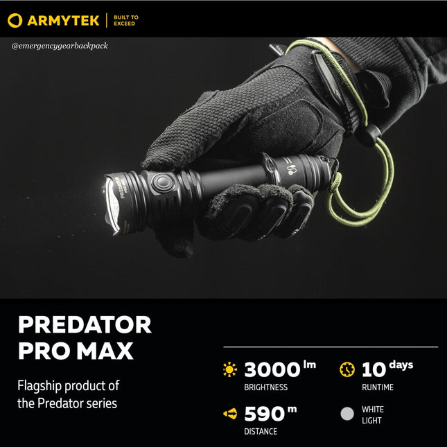 Armytek Predator Pro Max flashlight front view showing precision reflector and dual switch design