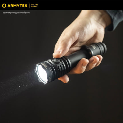 Armytek Predator Pro Max handheld flashlight showing precision hotspot beam control