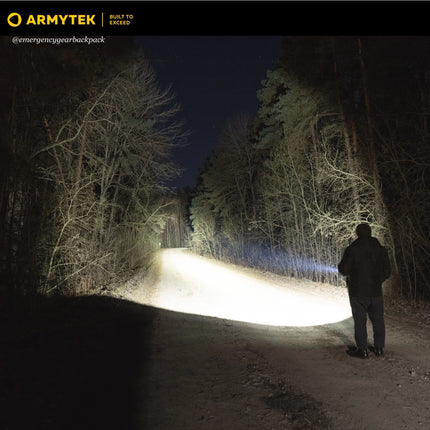 Armytek Predator Pro Max flashlight beam distance test on forest road at night