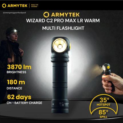 Armytek Wizard C2 Pro Max LR Warm multi flashlight showing 3870 lumens brightness 180 meter distance and beam pattern