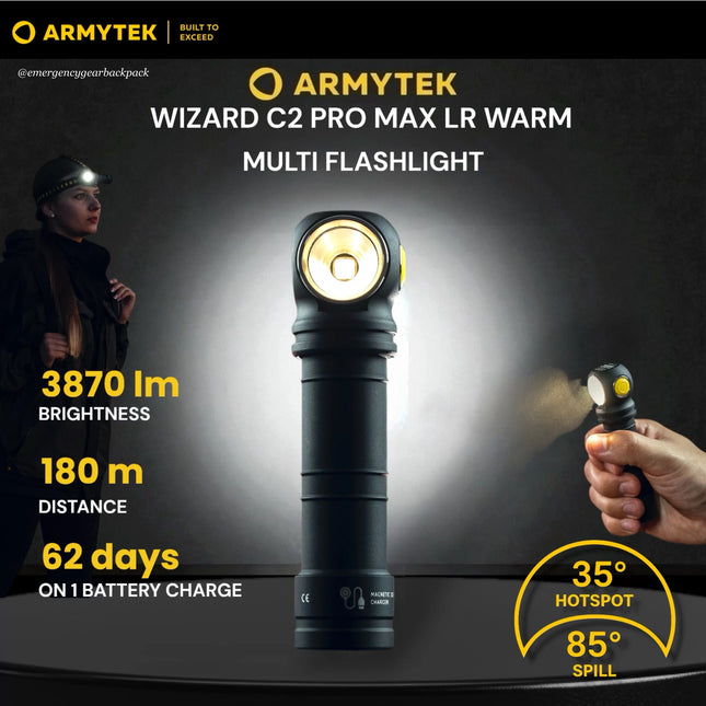 Armytek Wizard C2 Pro Max LR Warm multi flashlight showing 3870 lumens brightness 180 meter distance and beam pattern