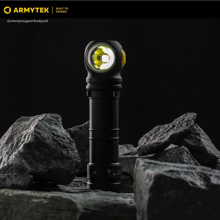 Armytek Wizard C2 Pro Max LR Warm flashlight standing on rock outdoor style product photo