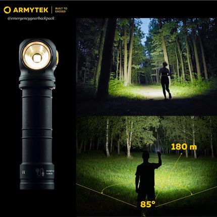 Armytek Wizard C2 Pro Max LR Warm beam pattern showing 180 meter distance and wide spill angle