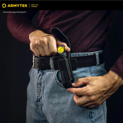 Armytek Wizard C2 Pro Max LR Warm flashlight clipped in pocket for everyday carry