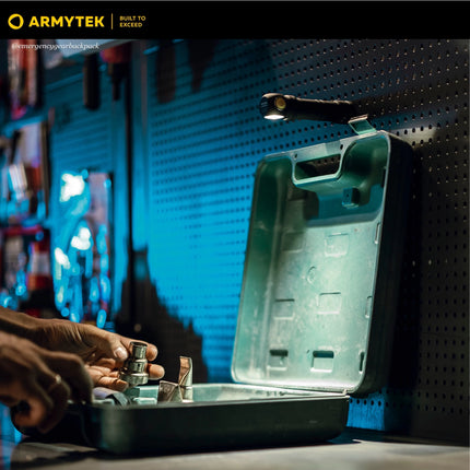 Armytek Wizard C2 Pro Max LR Warm flashlight clipping onto backpack strap