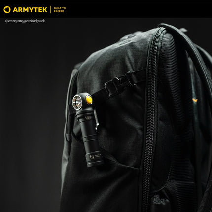 Armytek Wizard C2 Pro Max LR Warm flashlight mounted on backpack front strap for outdoor use