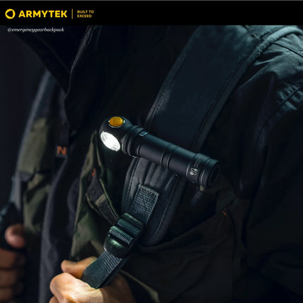 Armytek Wizard C2 Pro Max LR Warm flashlight mounted on backpack front strap for outdoor use