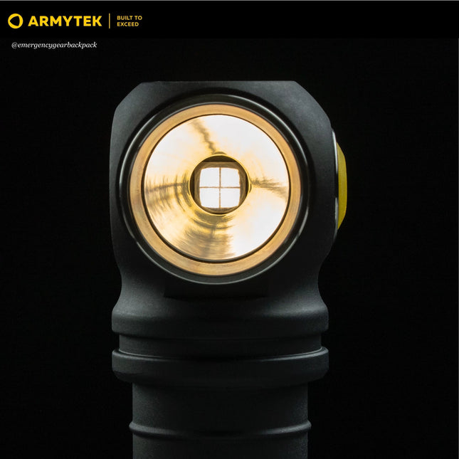 Armytek Wizard C2 Pro Max LR Warm flashlight head showing reflector and LED optic close up