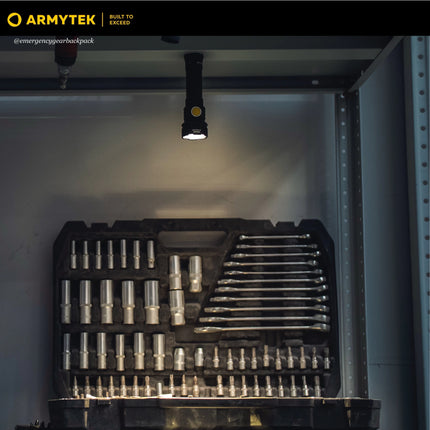 Armytek Prime C2 Pro Max Warm flashlight used as work light in workshop and tool storage area