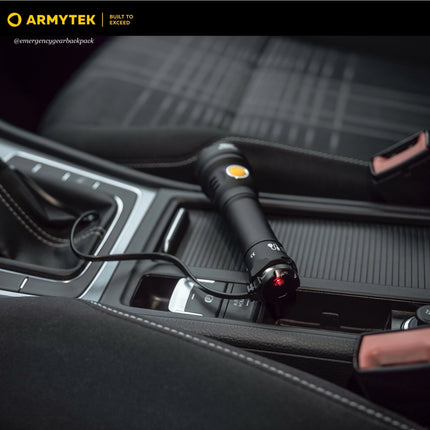 Armytek Prime C2 Pro Max Warm flashlight charging via magnetic USB inside car for emergency and daily