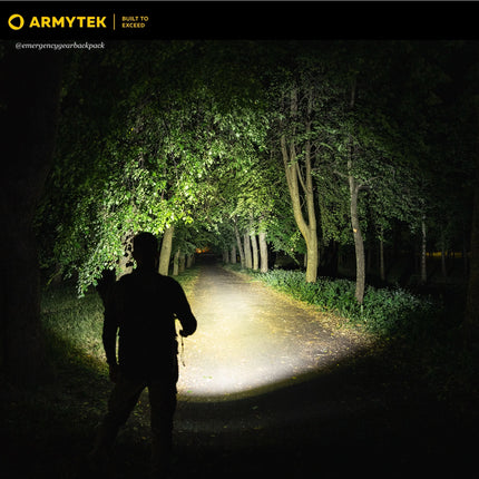 Armytek Prime C2 Pro Max Warm wide beam flashlight showing large illuminated area for real world use