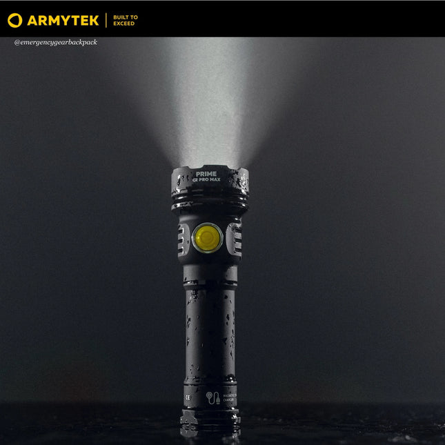 Armytek Prime C2 Pro Max Warm flashlight producing wide beam with smooth hotspot and spill in dark environment