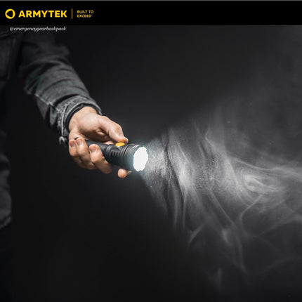 Armytek Prime C2 Pro Max Warm flashlight beam visibility in mist showing wide beam pattern