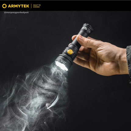 Armytek Prime C2 Pro Max Warm flashlight beam visibility in mist showing wide beam pattern