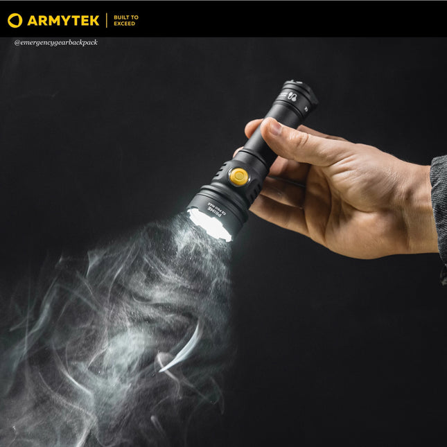 Armytek Prime C2 Pro Max Warm flashlight beam visibility in mist showing wide beam pattern