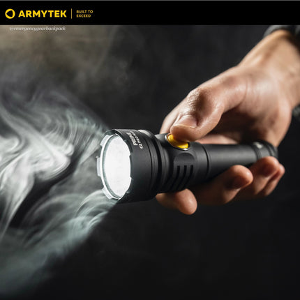 Armytek Prime C2 Pro Max Warm handheld flashlight showing compact EDC size and ergonomic grip
