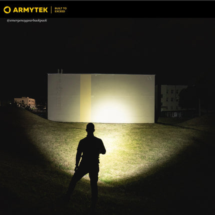 Armytek Prime C2 Pro Max Warm wide beam flashlight showing large illuminated area for real world use

Image 15 (Packaging box)