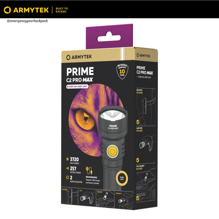Armytek Prime C2 Pro Max Warm flashlight retail packaging with accessories included
