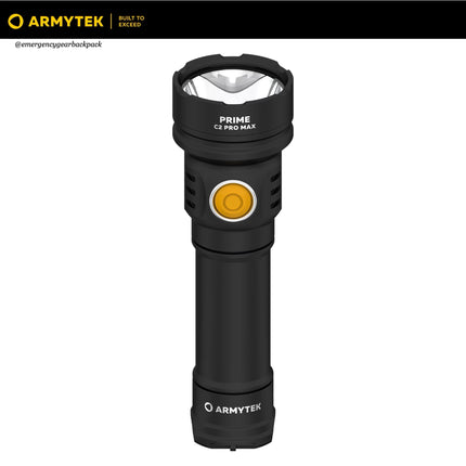 Armytek Prime C2 Pro Max Warm flashlight standing upright showing body design and side switch