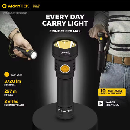 Armytek Prime C2 Pro Max Warm everyday carry flashlight with 3720 lumens and 257 meter beam distance