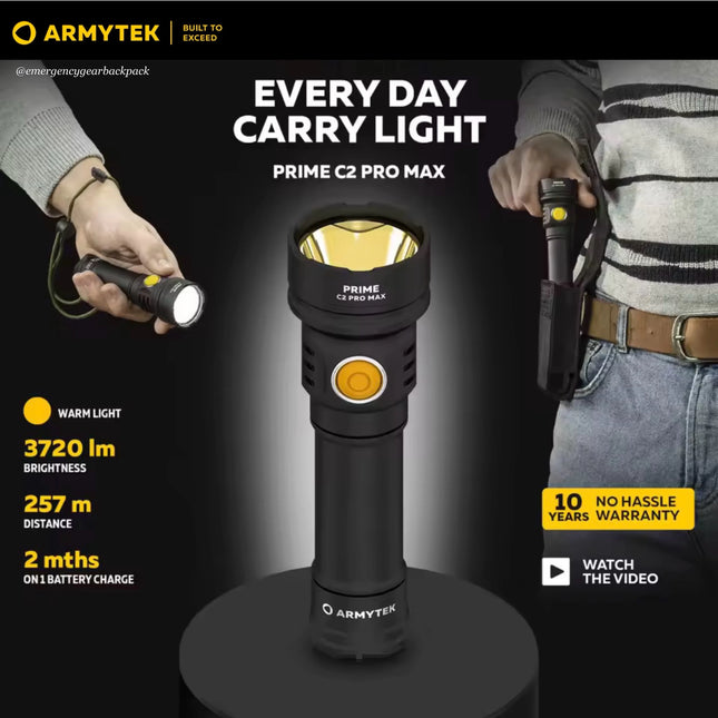 Armytek Prime C2 Pro Max Warm everyday carry flashlight with 3720 lumens and 257 meter beam distance
