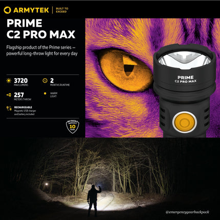 Armytek Prime C2 Pro Max Warm flashlight projecting wide beam while user stands in dark outdoor area