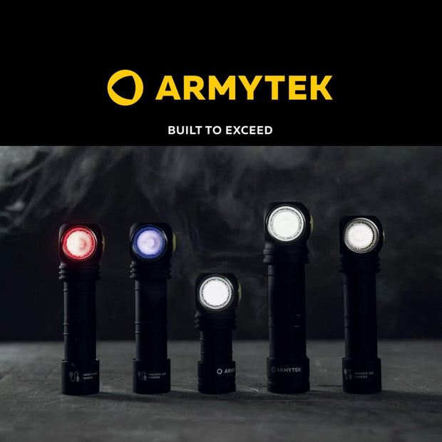 Five Armytek flashlights with glowing lights on a dark background, featuring the Armytek logo.