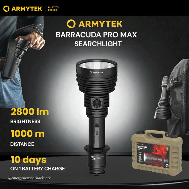 Armytek Barracuda Pro Max searchlight flashlight 2800 lumens 1000 meter long range with deep reflector
