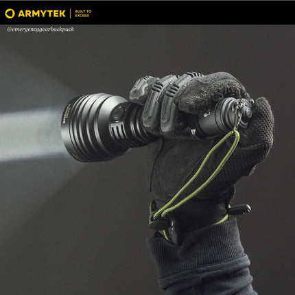 Armytek Barracuda Pro Max searchlight beam demonstrating focused hotspot at long distance
